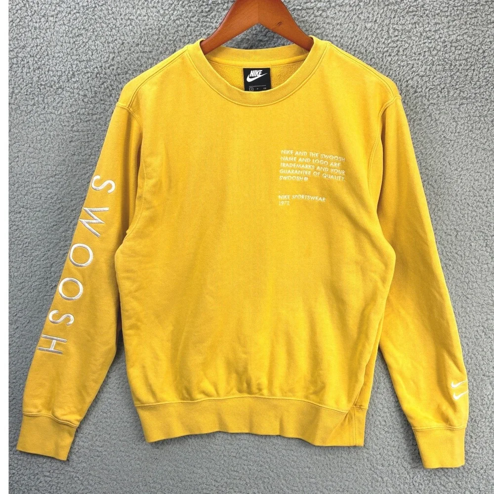 Nike Sportswear Swoosh Crewneck Sweatshirt Mens S Yellow Embroidered Pullover